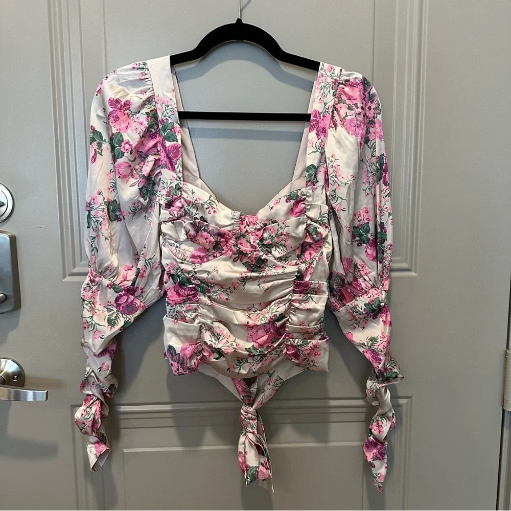 For Love & Lemons Palais Floral Crop Top Size Small Pink Long Sleeve - Picture 3 of 9